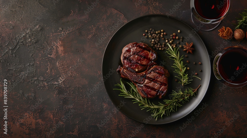 Fototapeta premium Grilled ribeye beef steak with red wine, herbs and spices. Top view