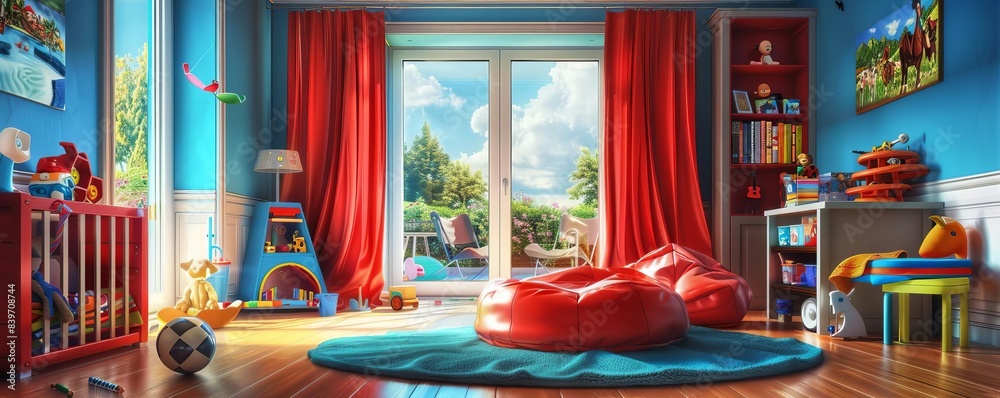 Obraz premium Illustrate a rear view of a childrens playroom Show a variety of toys, vibrant colors, and playful furniture, Make it look like a whimsical scene using digital techniques