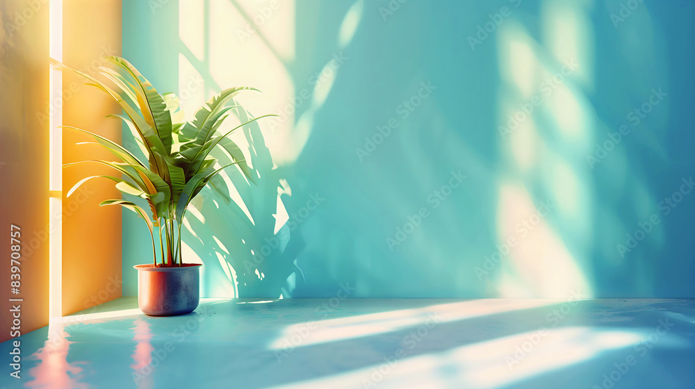 House plant on blank wall background, aesthetic banner with copy space text, wall mock up, template