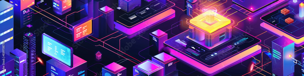 An abstract illustration depicting a modern cityscape with neon lights and digital technology, showcasing a futuristic, interconnected world An abstract illustration depicting a modern cityscape with neon lights and digital technology, showcasing a futuristic, interconnected world
