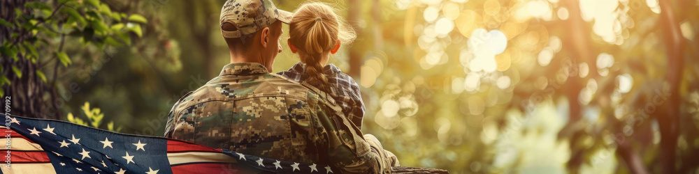 A father, dressed in military uniform, embraces his young daughter in a wooded area at sunset. A U.S. flag is draped over the bench they are sitting on A father, dressed in military uniform, embraces his young daughter in a wooded area at sunset. A U.S. flag is draped over the bench they are sitting on