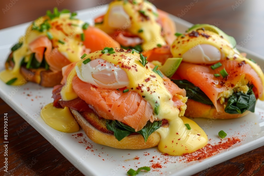 Classic French bistro brunch entree featuring English muffin with poached eggs ham lox salmon spinach avocados cheese and Hollandaise sauce served Classic French bistro brunch entree featuring English muffin with poached eggs ham lox salmon spinach avocados cheese and Hollandaise sauce served