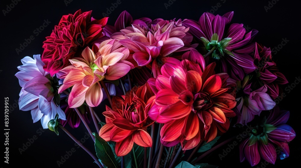 Obraz premium A close-up of a lush bouquet featuring various dahlias with vivid colors ranging from red to purple against a dark background