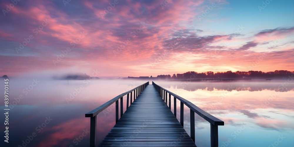 Tranquil Sunrise Scene A Serene Lake Dock with Calm, Foggy Waters. Concept Nature Photography, Tranquil Landscapes, Sunrise Reflections, Serene Waters, Dock Silhouettes Tranquil Sunrise Scene A Serene Lake Dock with Calm, Foggy Waters. Concept Nature Photography, Tranquil Landscapes, Sunrise Reflections, Serene Waters, Dock Silhouettes
