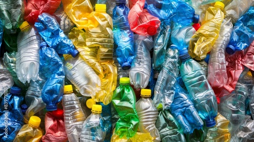 A pile of plastic bottles, some of which are green, yellow, and blue, plastic recycling concept © top images