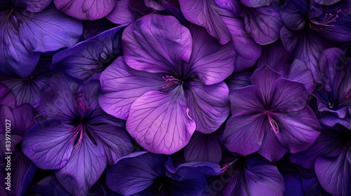A high-resolution image showcasing a close-up of multiple vibrant purple flowers, highlighting their delicate textures