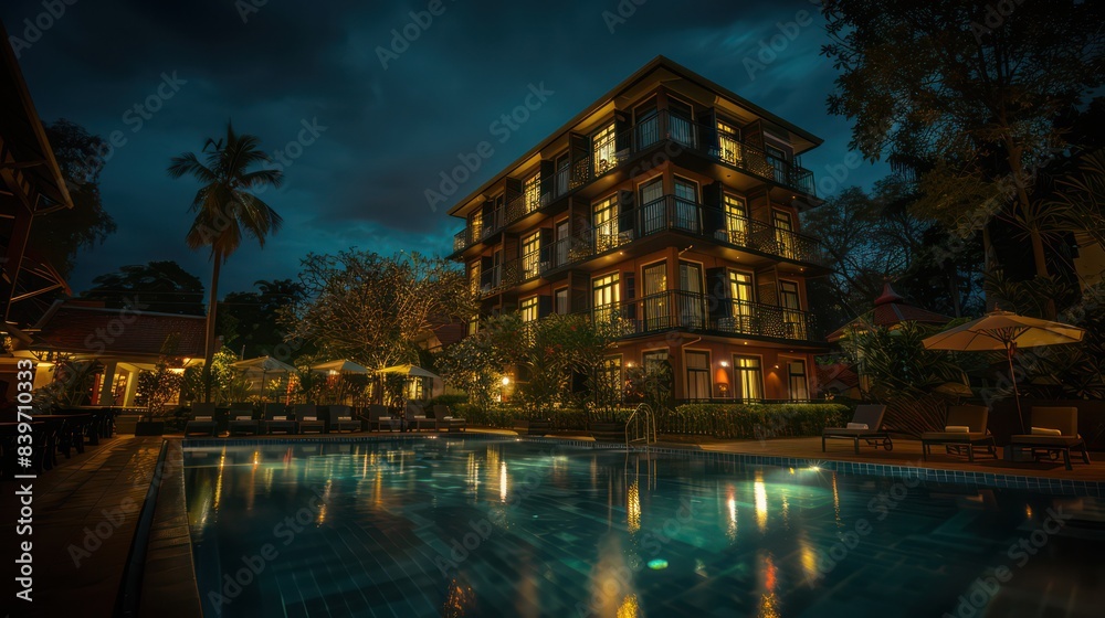 An exquisite hotel's exterior illuminated at dusk with a tranquil swimming pool in the foreground amid lush greenery An exquisite hotel's exterior illuminated at dusk with a tranquil swimming pool in the foreground amid lush greenery