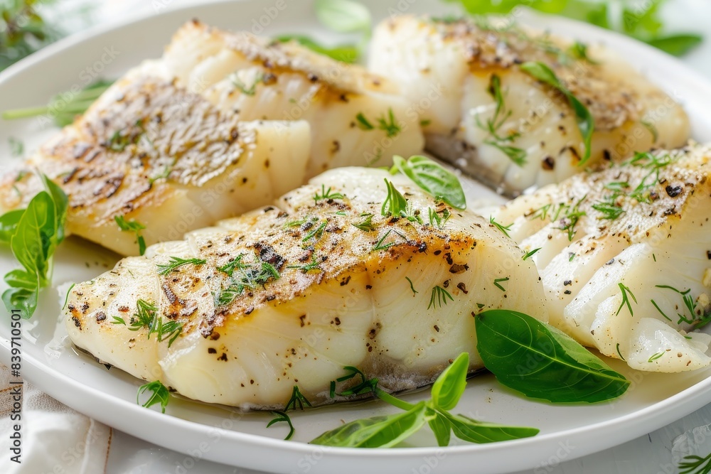 Close up of herb coated white fish cutlets on white plate Close up of herb coated white fish cutlets on white plate