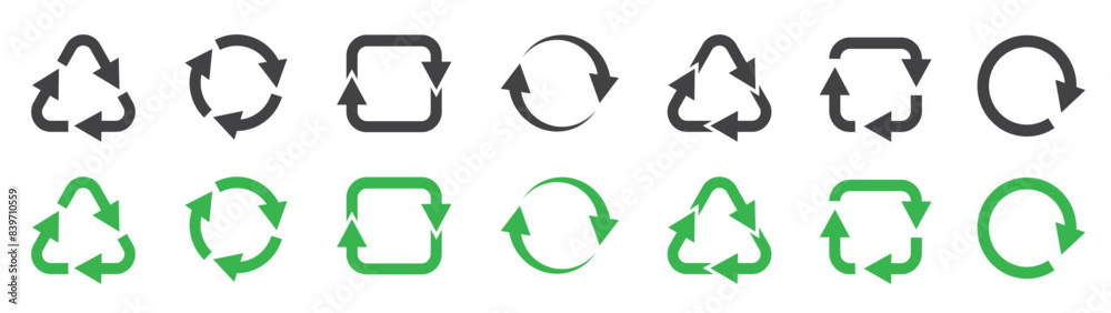 Set of recycling icons. Recycle, arrow, triangle, circle, square. Ecology icons collection, recycling garbage. Vector. Set of recycling icons. Recycle, arrow, triangle, circle, square. Ecology icons collection, recycling garbage. Vector.