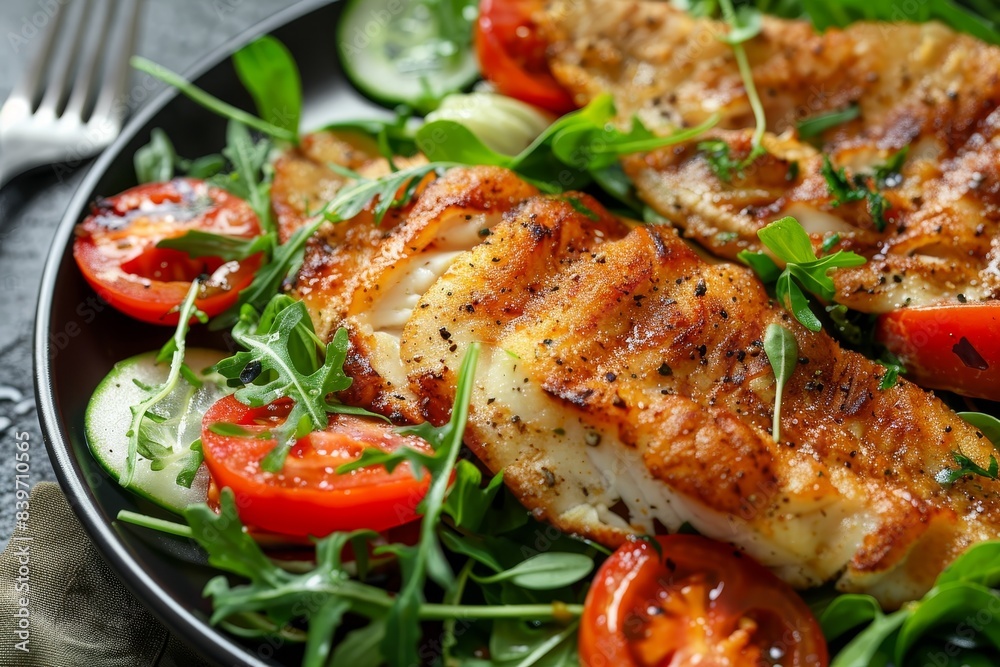 Close up of plate with fried tilapia fillet and fresh salad with pepper and tomato Close up of plate with fried tilapia fillet and fresh salad with pepper and tomato