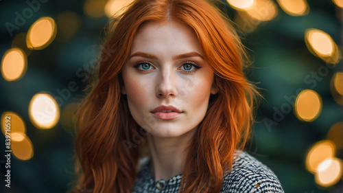 Stunning portrait of a beautiful redhead female influencer and model with gorgeous fierce red hair