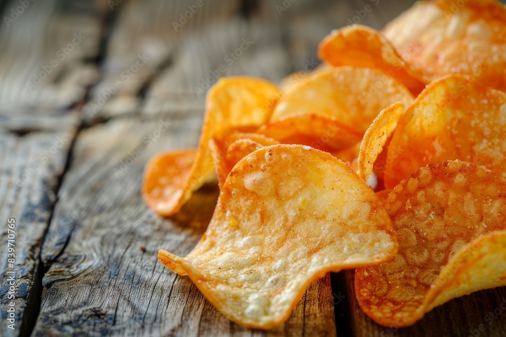 Close up shot of cheese and onion potato chips on old table with selective focus Close up shot of cheese and onion potato chips on old table with selective focus