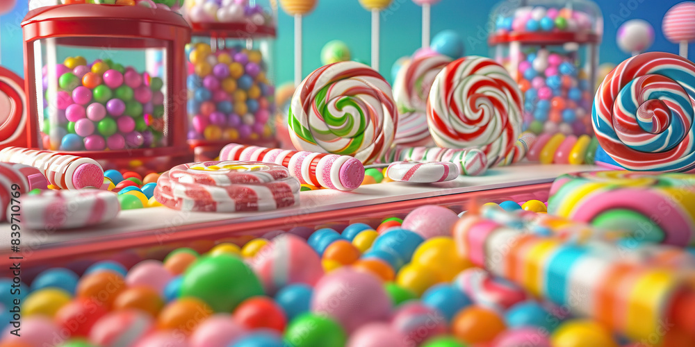 Candy Land Creative Haven: A desk covered in a colorful array of candy and sweet treats, surrounded by lollipops and gumball machines. Candy Land Creative Haven: A desk covered in a colorful array of candy and sweet treats, surrounded by lollipops and gumball machines.