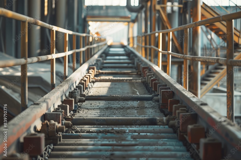 Close up shot of conveyor belt in concrete plant with rollers stairs and railings visible Close up shot of conveyor belt in concrete plant with rollers stairs and railings visible