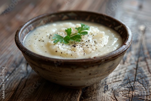 Close up shot of cauliflower soup in small bowl on wooden background