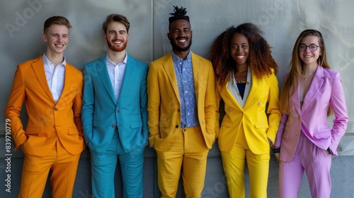 Group of positive young people in colorful business suits standing against a gray wall. photo