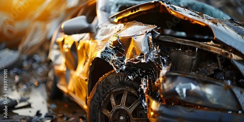 Closeup of a crashed car highlighting broken components. Concept Automobile Accident, Broken Parts, Close-up Shots, Safety Precautions, Crash Investigation photo