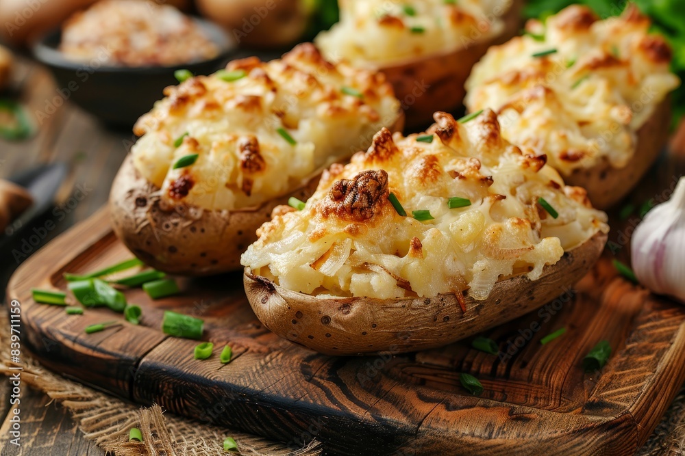 Closeup of cheesy French onion baked potatoes on wooden table board Closeup of cheesy French onion baked potatoes on wooden table board