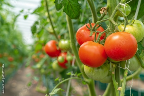 Wallpaper Mural Closeup view of ripe red and green tomatoes grown in a polycarbonate greenhouse with one tomato hanging on the vine Horticulture Torontodigital.ca