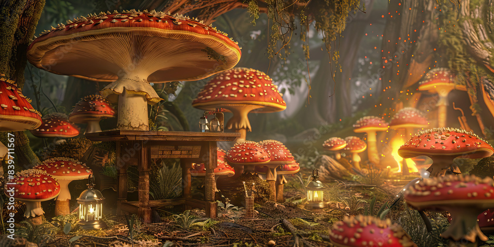 Fototapeta premium Mushroom Forest Hideaway: A rustic desk tucked away among a dense forest of mushrooms, with flickering lanterns and a warm campfire.