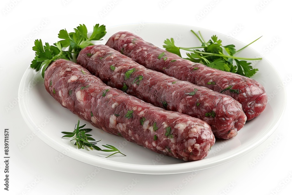 Raw sausages on a white plate, showcasing a fresh and savory meal option Raw sausages on a white plate, showcasing a fresh and savory meal option