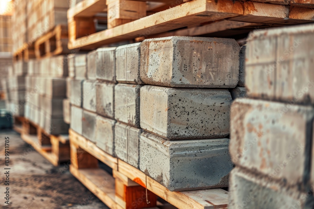 Concrete blocks on wooden pallets in outdoor warehouse for sale Concrete blocks on wooden pallets in outdoor warehouse for sale