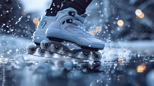 Rollerblades on wet pavement with water splashes