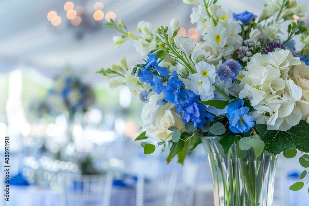 Contemporary wedding decor with white floral centerpiece in a bright tent Contemporary wedding decor with white floral centerpiece in a bright tent