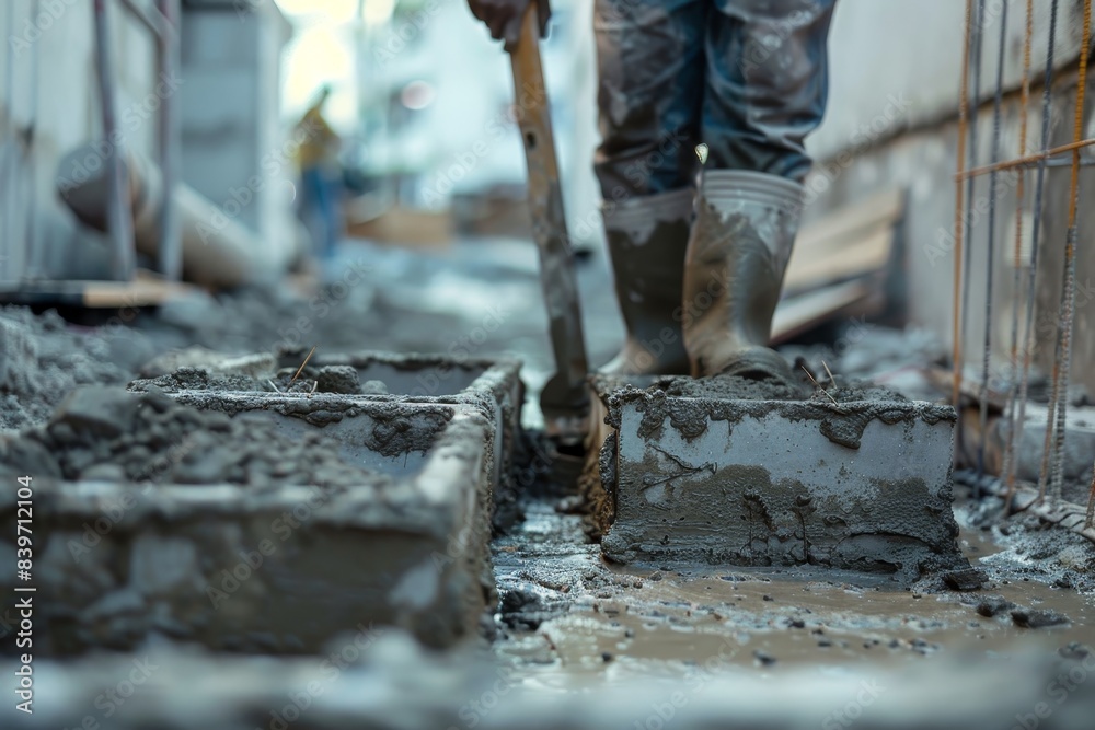 Construction worker applying cement to cinder blocks at site
