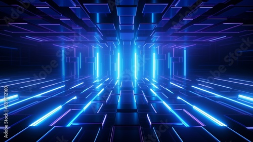 Futuristic Neon Blue Digital Hallway with Parallel Geometric Patterns.