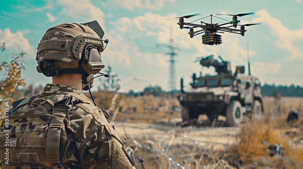 A soldier is watching a drone fly over a military vehicle A soldier is watching a drone fly over a military vehicle