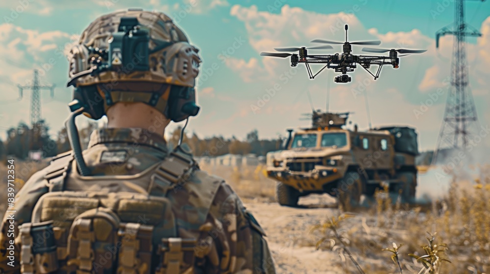 A soldier is watching a drone fly over a military vehicle A soldier is watching a drone fly over a military vehicle