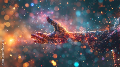 Digital hand reaching out through particles photo