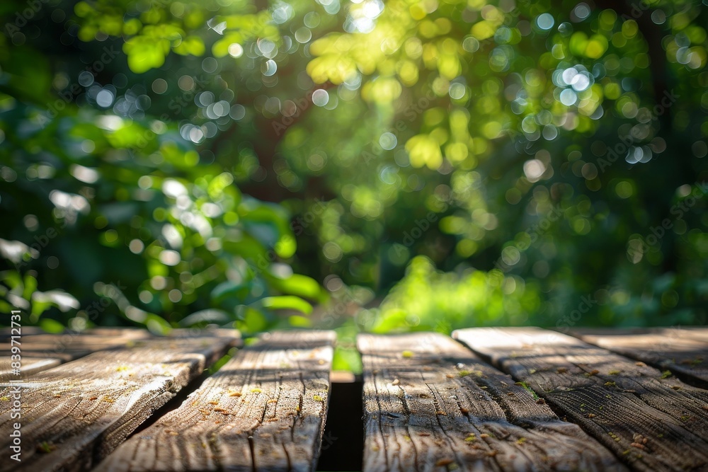 Country outdoor theme with garden bokeh on empty wooden table for catering or food background Country outdoor theme with garden bokeh on empty wooden table for catering or food background