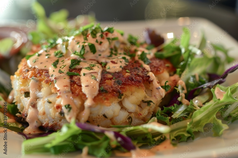 Crab cake with spicy rémoulade on mixed greens Jumbo crab mixed with garlic onions spices fried in butter American restaurant favorite Crab cake with spicy rémoulade on mixed greens Jumbo crab mixed with garlic onions spices fried in butter American restaurant favorite