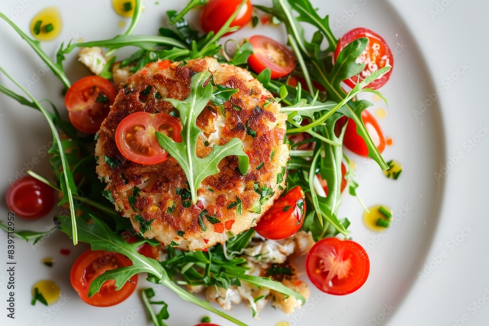Crab cake with tomatoes and arugula on white plate Crab cake with tomatoes and arugula on white plate