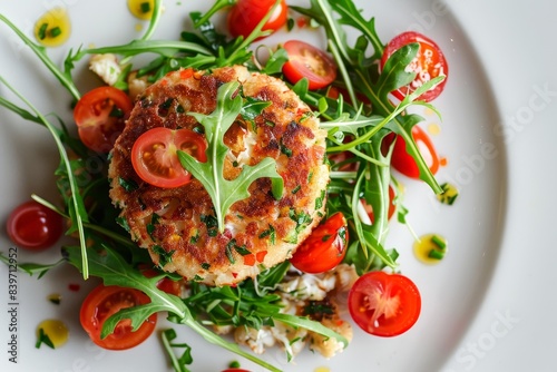 Crab cake with tomatoes and arugula on white plate