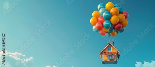 flying house attached with many balloon flying in the sky photo