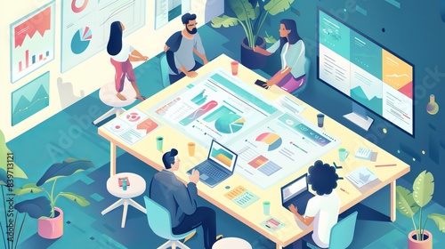 Team members from a startup collaborate, delving into a BI dashboard printout showcasing financial data reports, while strategizing for business success in a panoramic banner photo