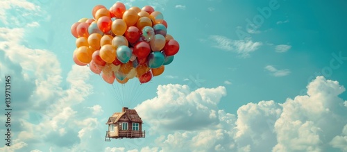 flying house attached with many balloon flying in the sky photo