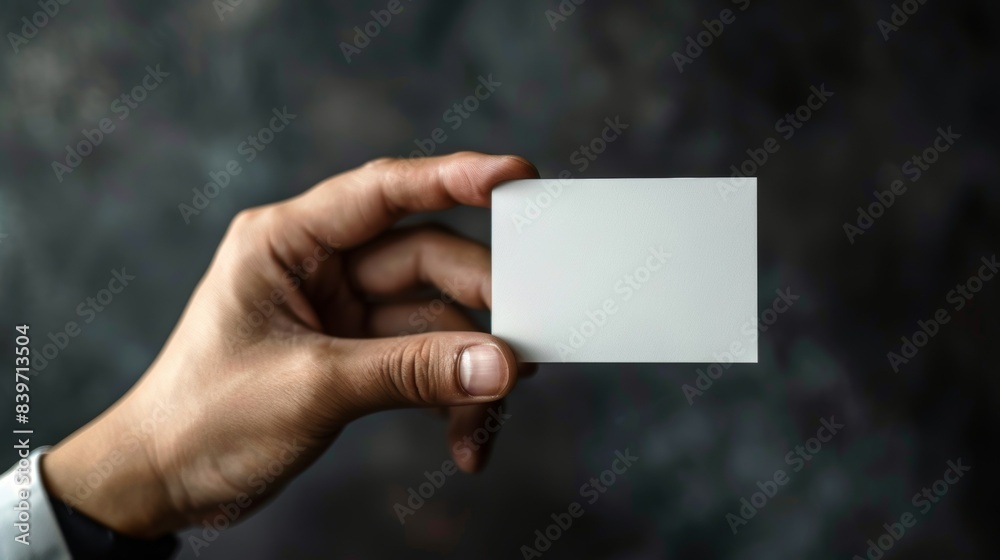 A hand holding a white business card A hand holding a white business card