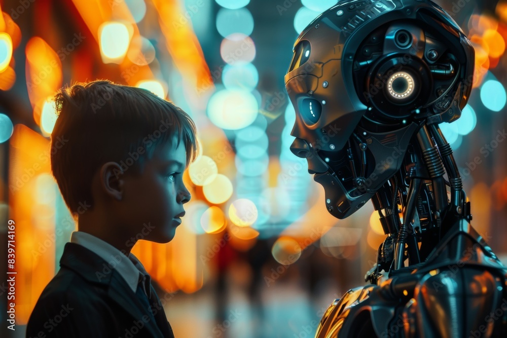 A robot and a boy are standing in front of a building A robot and a boy are standing in front of a building