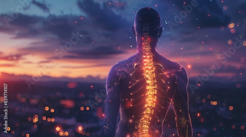 In a visualization of spinal health, a man is depicted experiencing back pain, with a glowing depiction of his spine. This illustration emphasizes the complex structure  photo