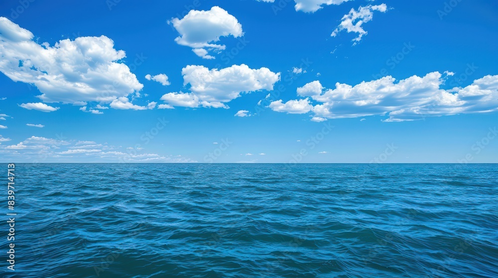 Vibrant image of the open ocean under a blue sky dotted with cumulus clouds, representing nature's vastness Vibrant image of the open ocean under a blue sky dotted with cumulus clouds, representing nature's vastness