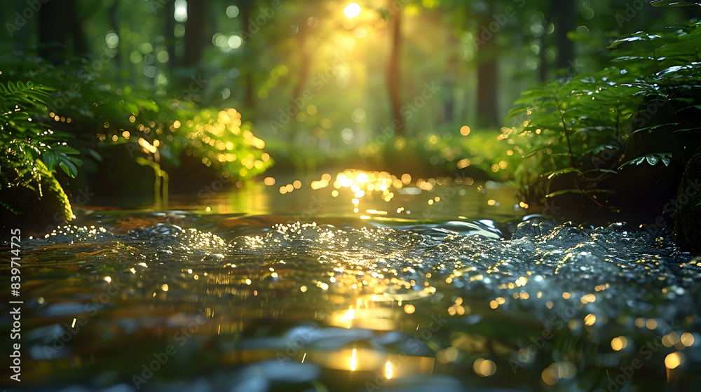 A serene nature woodland scene with a stream gently flowing through, surrounded by lush vegetation A serene nature woodland scene with a stream gently flowing through, surrounded by lush vegetation