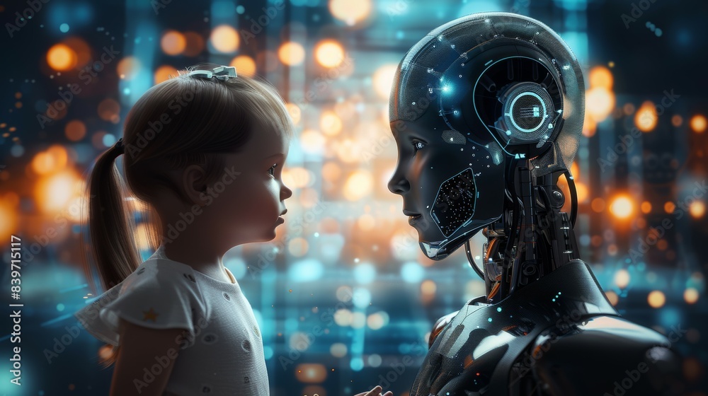 A girl and a robot are standing next to each other A girl and a robot are standing next to each other