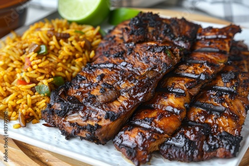 Barbecue ribs with char marks  served with rice and beans on a white plate  showcasing a hearty and flavorful meal