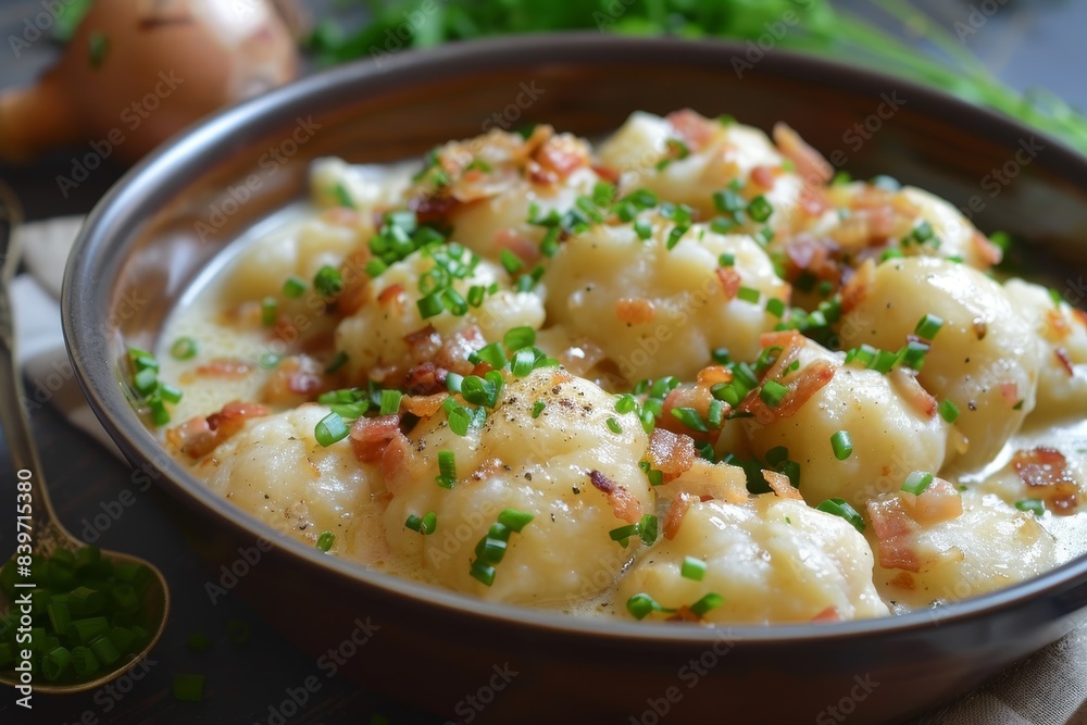 Dumplings with potato in bacon and onion sauce Varenyky vareniki pierogi pyrohy Dumplings with potato in bacon and onion sauce Varenyky vareniki pierogi pyrohy