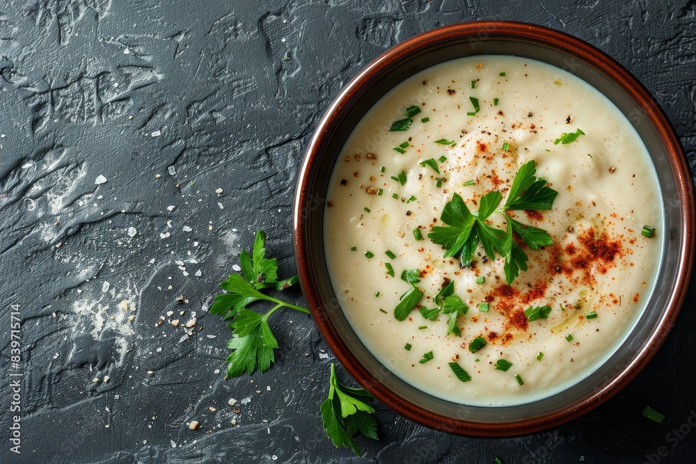 Elevated view of a traditional Spanish cold soup on a dark stone background studio shot Elevated view of a traditional Spanish cold soup on a dark stone background studio shot