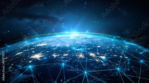 Global network connection covering the Earth with lines representing innovative perception. Depicting the concept of 5G wireless digital connection and the future of the Internet of Things. 